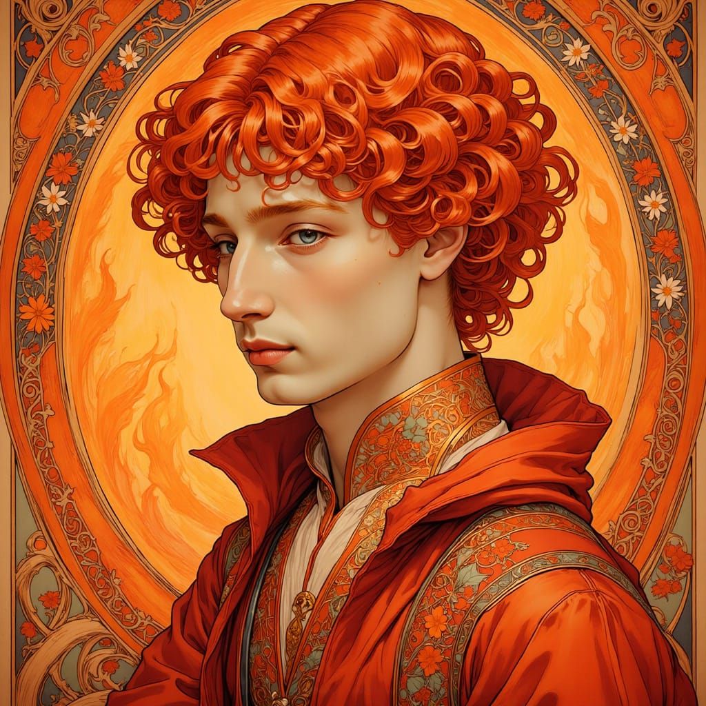 Art Nouveau Man in Fiery Flames