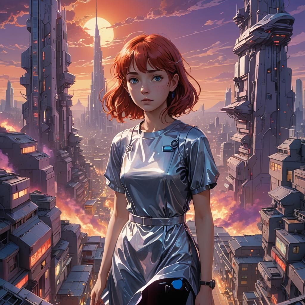 Red-Haired Woman in Alien City, Anime Style