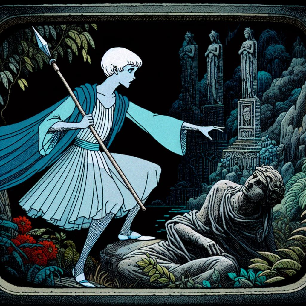 Whimsical Princess in Ancient Ruins Scene, in Vintage Cartoo...