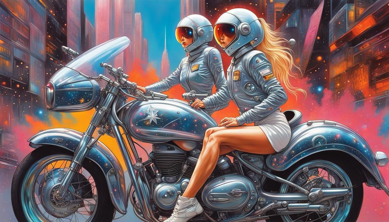 Robot Girl Rides Dragon in Retro-Futurist Sci-Fi Style