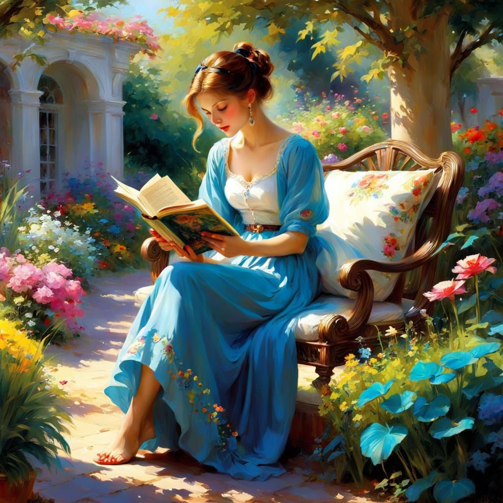 Woman Reading in Anime Garden, Pino Daeni Style