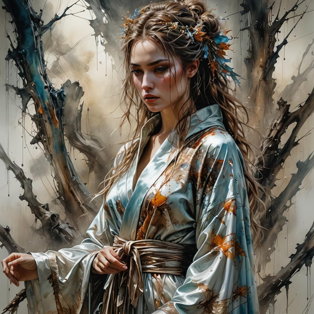 Woman in Silk Robe: Fantasy Art with 3D Textures