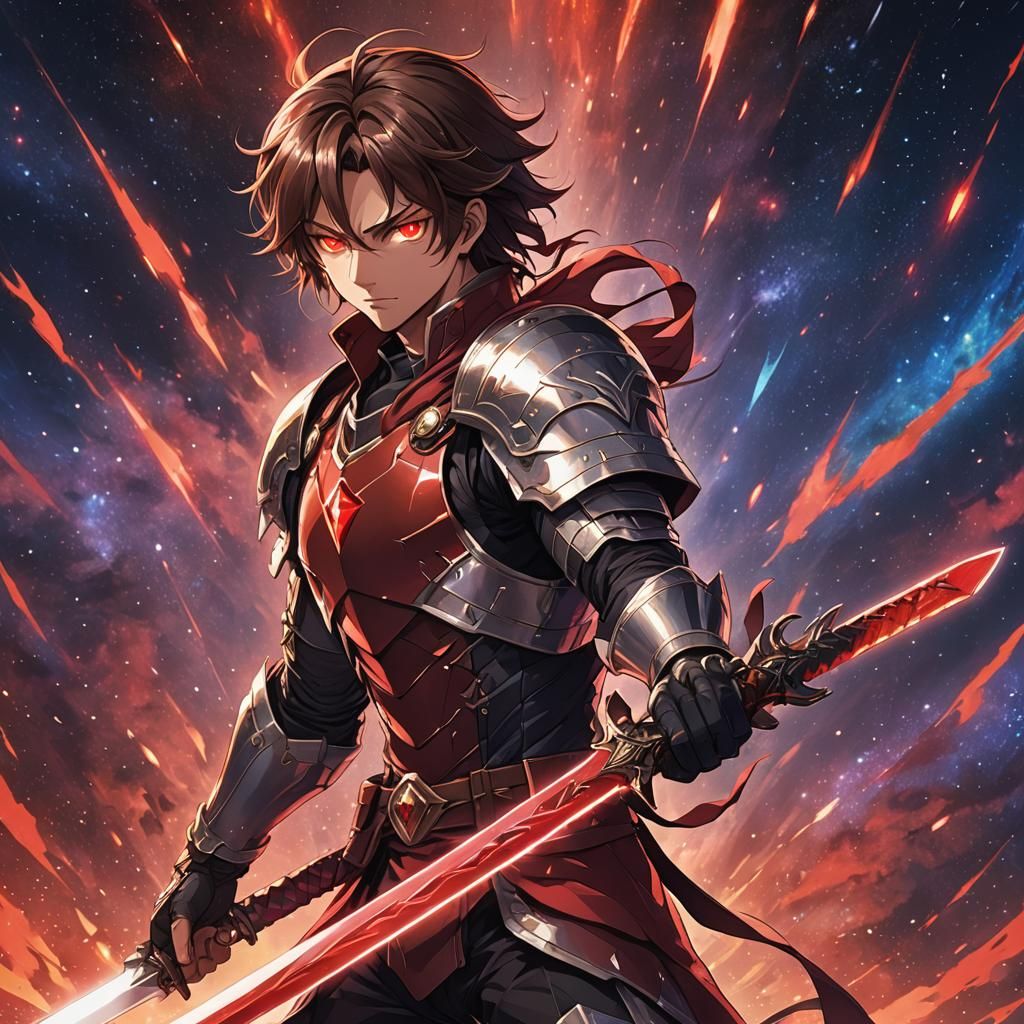 Anime Warrior with Glowing Sword and Cosmic Power