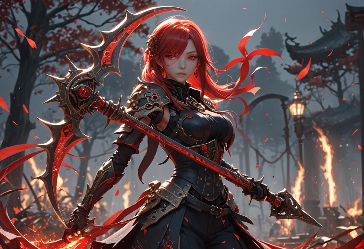 Fantasy Scythe with Red Aura in 3D Anime Style