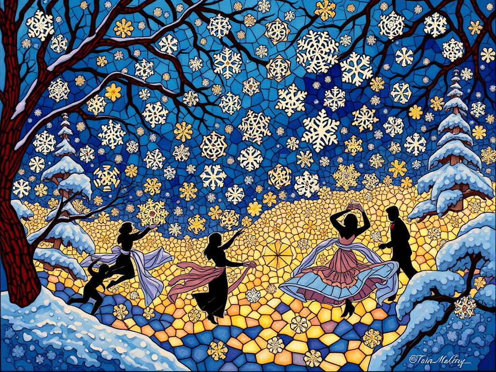 Snowflake Dance: Stained Glass Impressionist Illustration