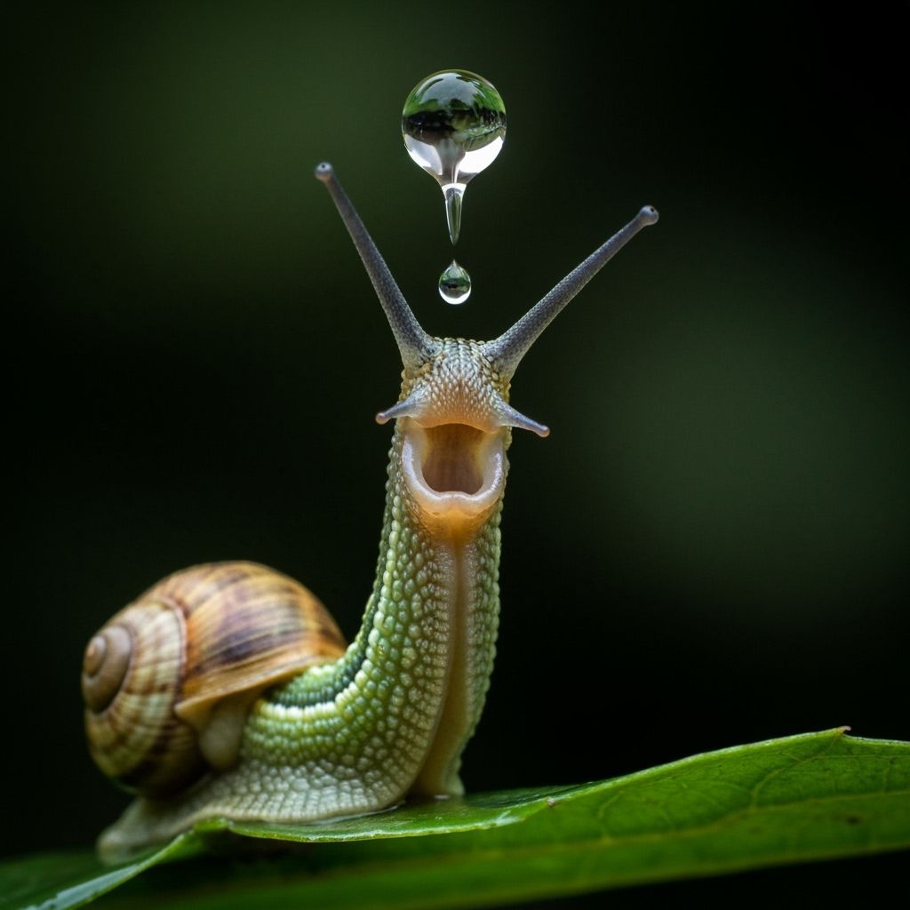 Caterpillar Attempts to Catch Falling Raindrop on Leaf