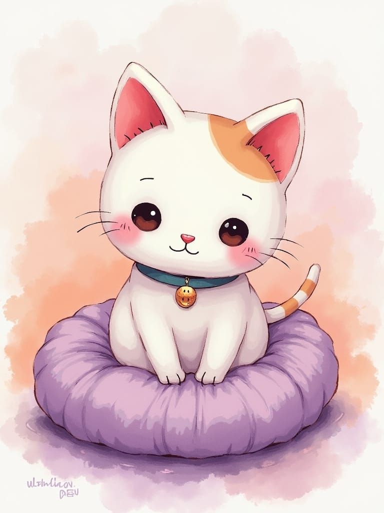 Maneki Neko Figurine in Watercolor Painting Style