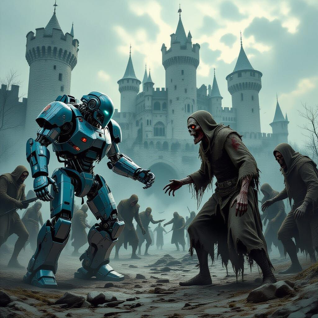 Robots vs Zombies at Medieval Castle in Dark Fantasy Style