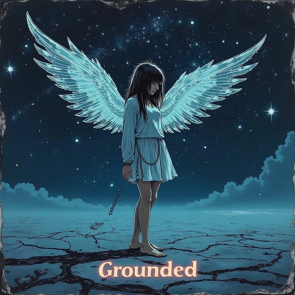 Retro-futurist album cover art for a dark ambient dream pop song titled “Grounded.”