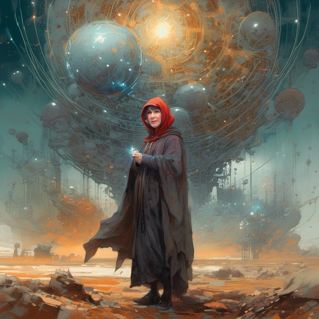 Female Wizard Casting Spell in Alien Landscape