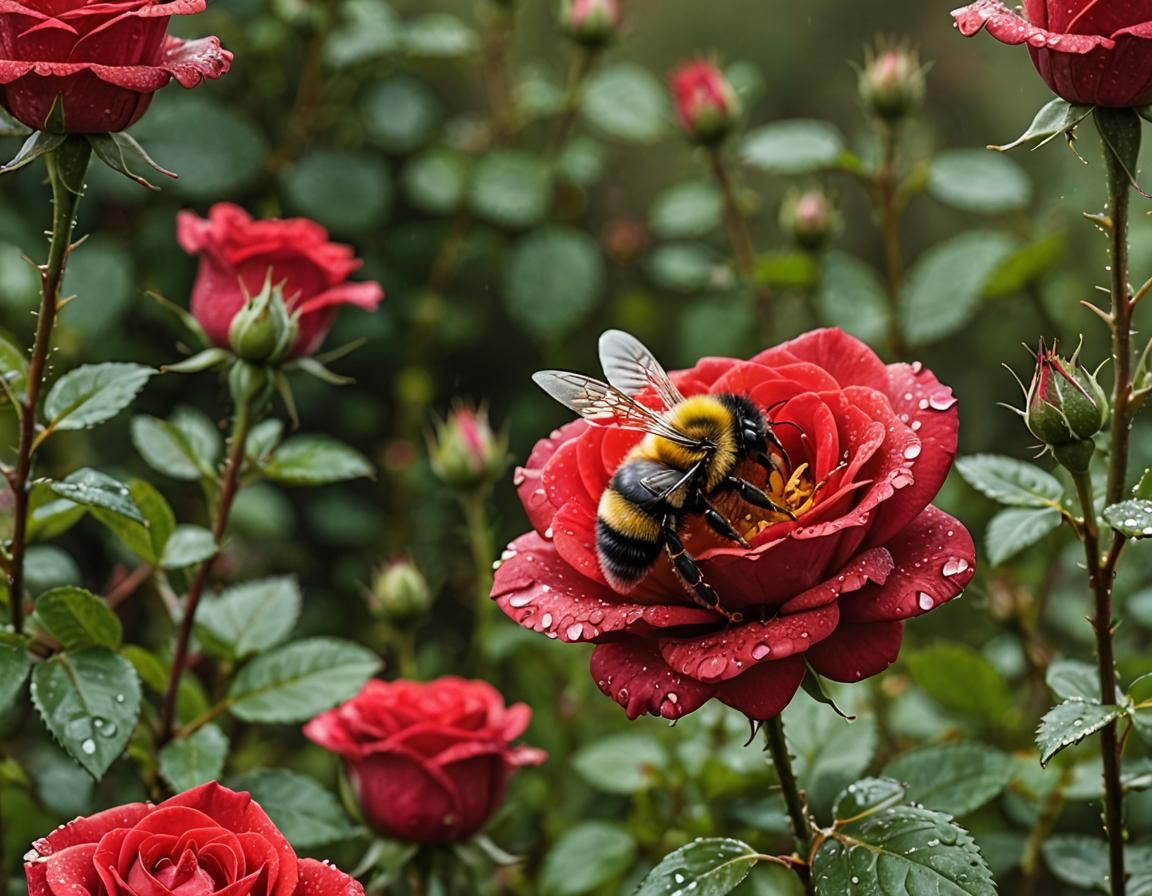 Bumblebee on Red Rose in Spring