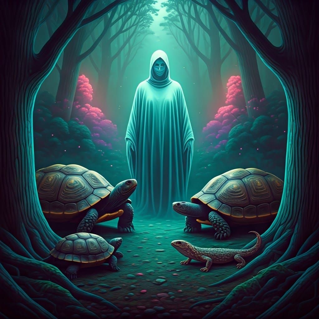 Ethereal Apparition in Mystical Forest with Reptiles