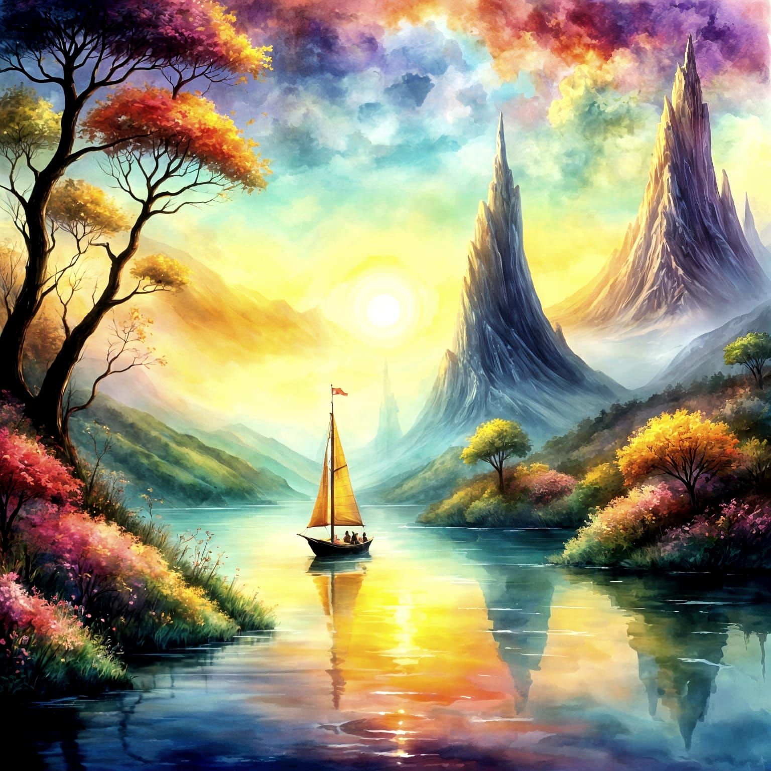 Sailboat in Dreamy Magical Landscape