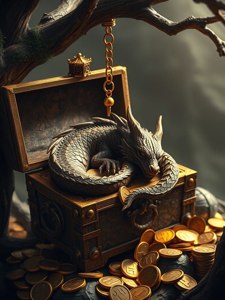 Dragon in Golden Fantasy Pendant, Fantasy Art, Digital Rende...