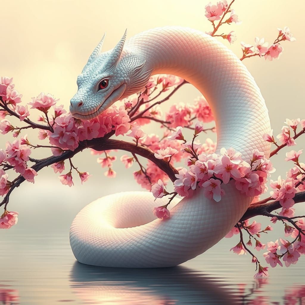 Ethereal White Serpent Amidst Vibrant Sakura Blooms