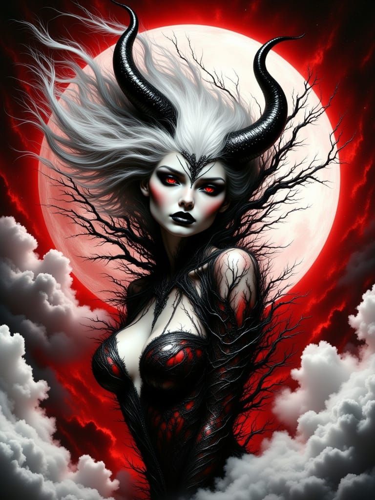 Surreal Demon Goddess in Ink Noir Style