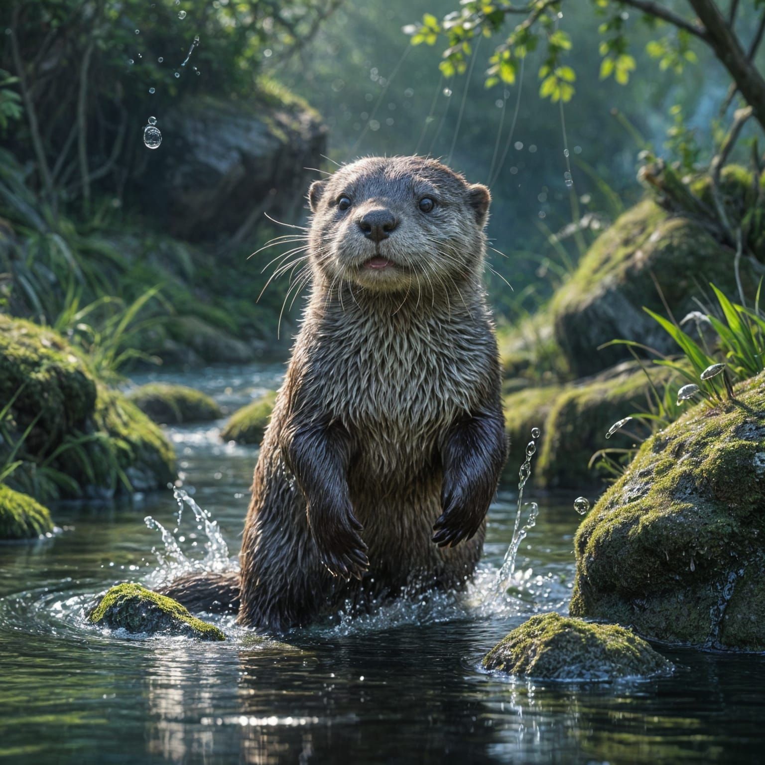 Playful Otter Leaping Out of Water in a Serene River Landsca...