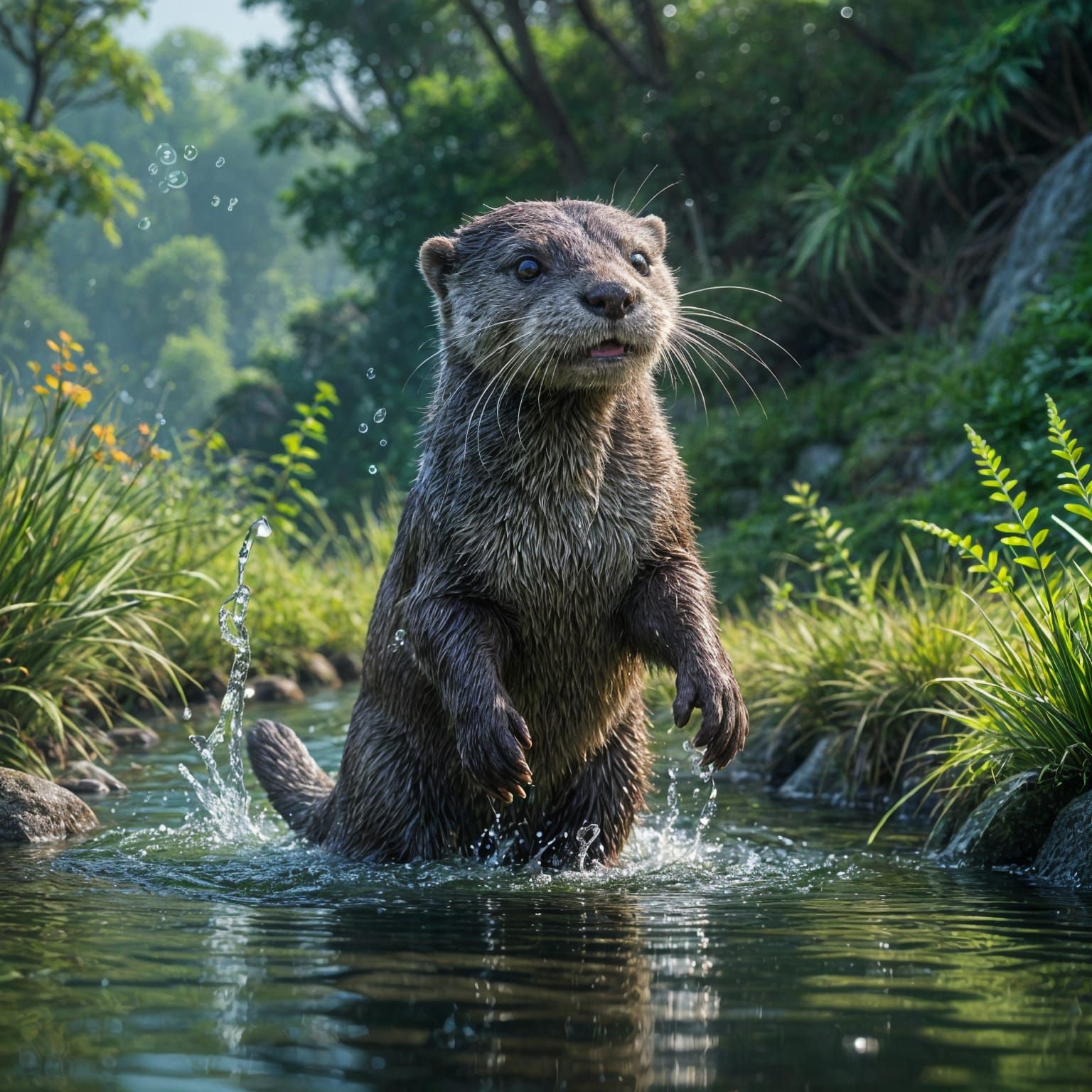 Playful Otter in Mid-Jump over a Serene River