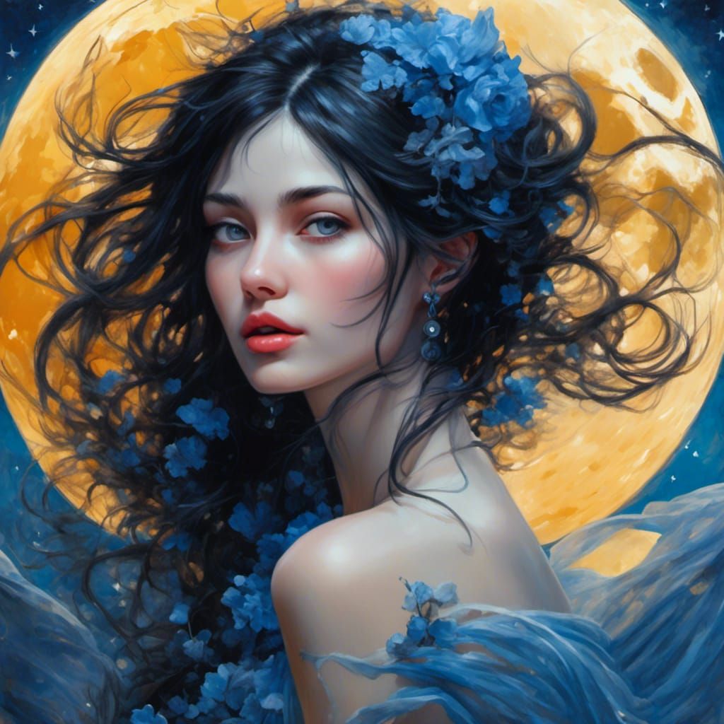 Hyperreal Woman Under a Vivid Blue Moon