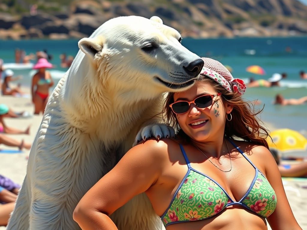 Polar Bear Comforts Sunbathing Woman at the Beach