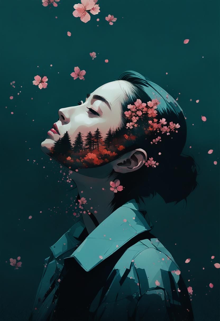 Double Exposure Portrait: Blossoms Meet Autumn