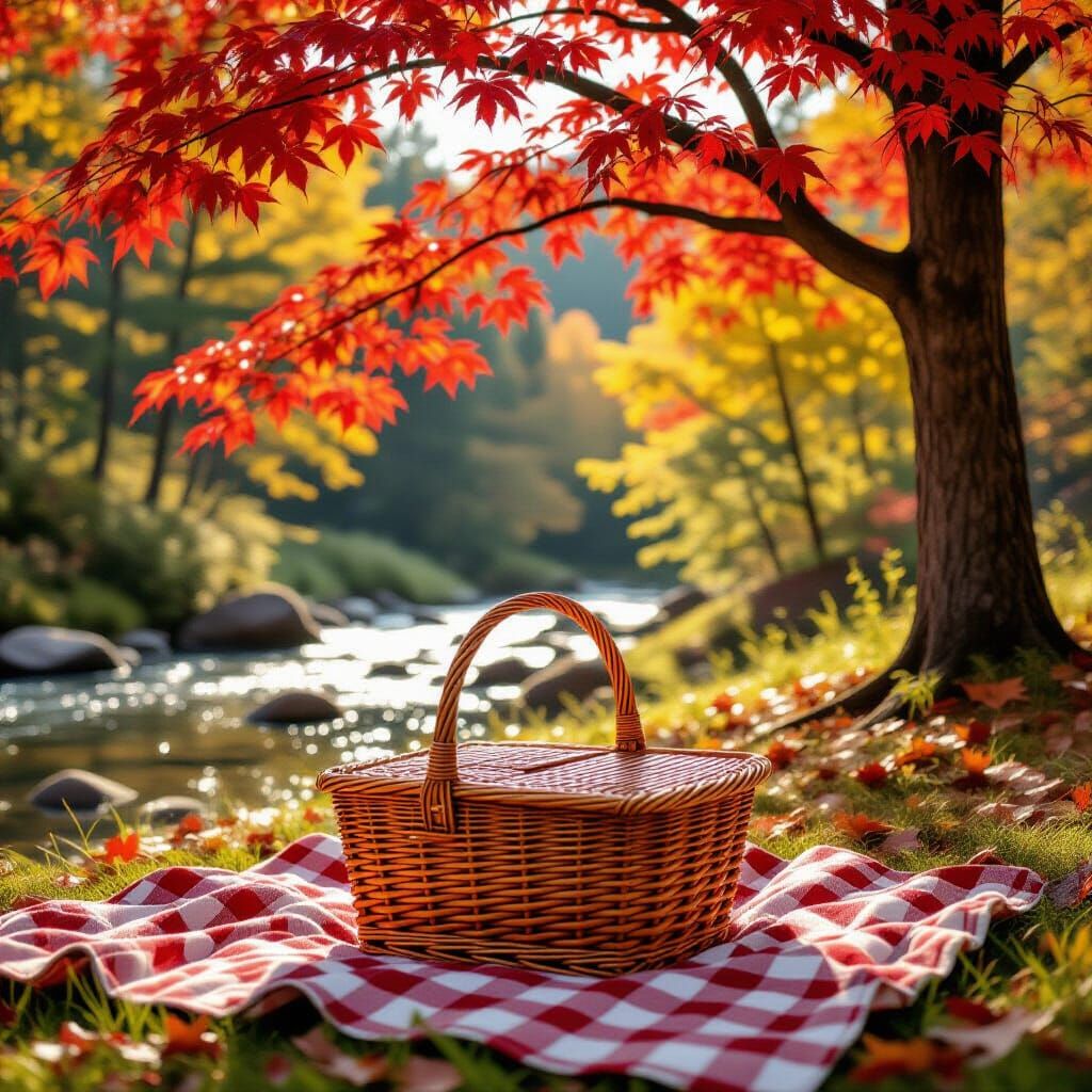 Photorealistic Picnic Scene Under Red Maple Tree