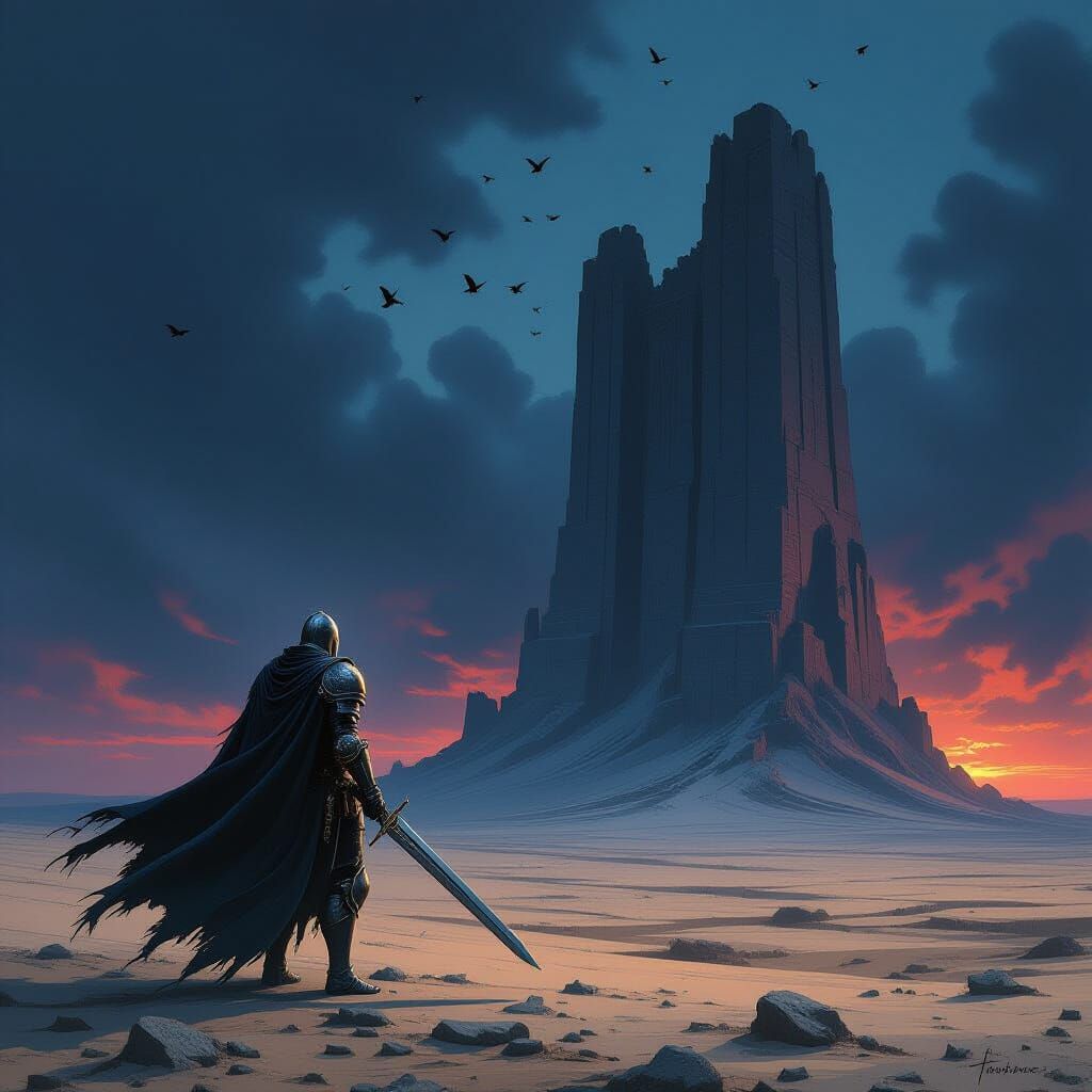 Knight Before Ancient Ruin in Dark Fantasy Style