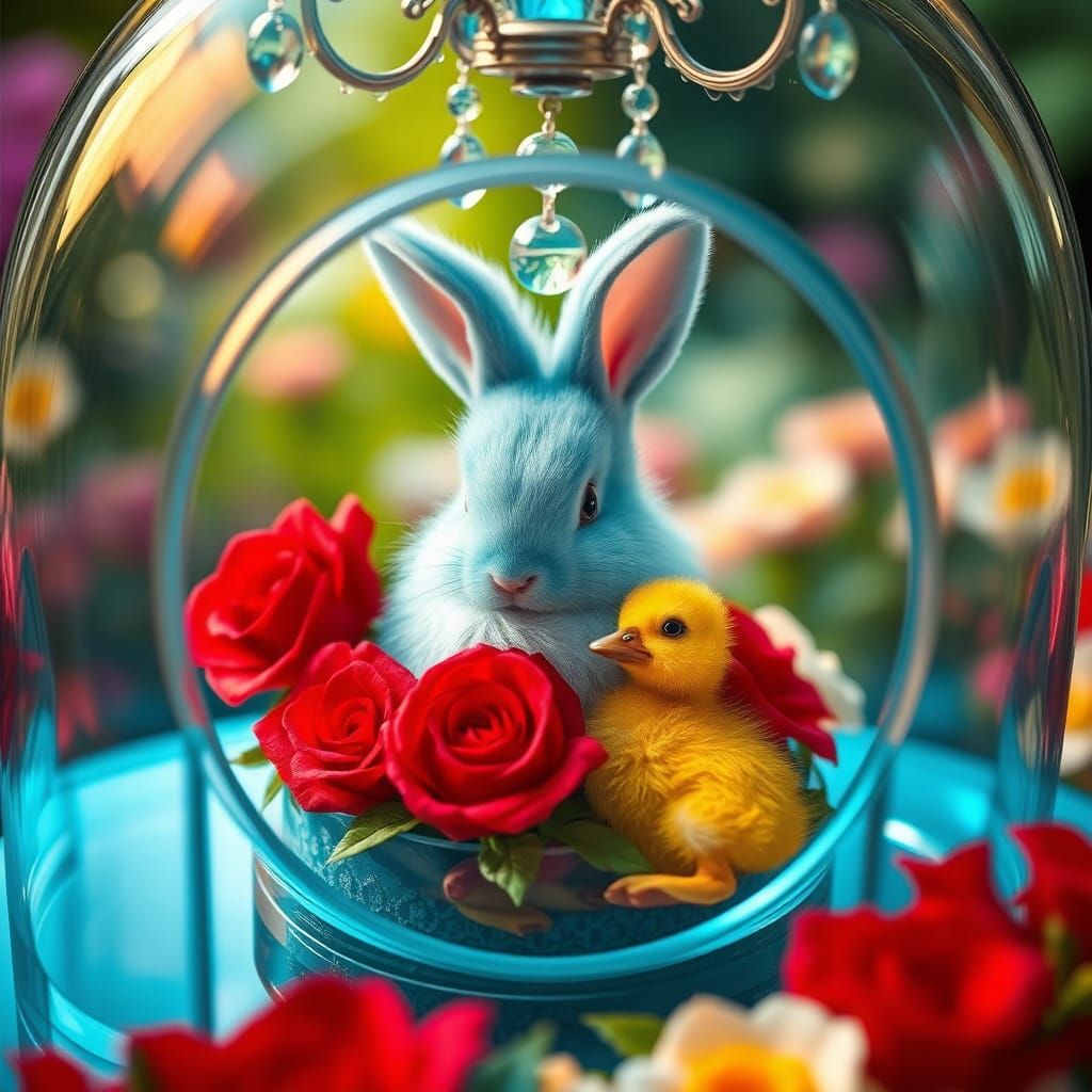 Glass Dome: Bunny, Duckling, and Azure Chandelier