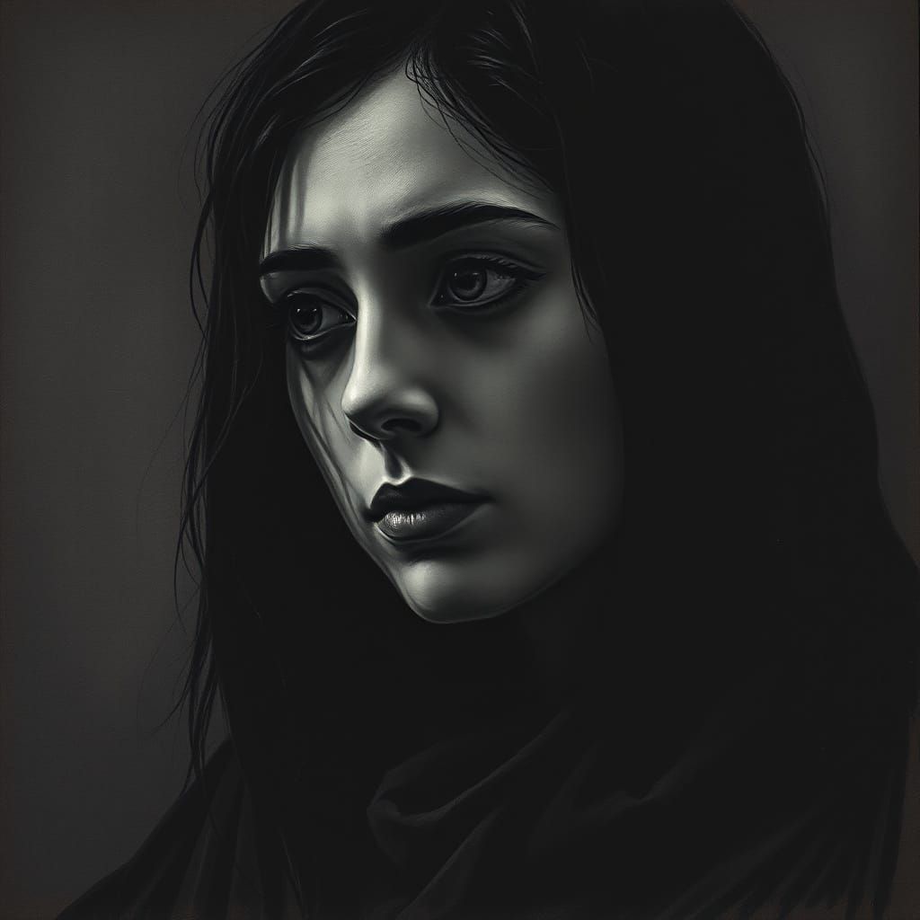 Subtly Illuminated Woman in Hyperdetailed Charcoal Drawing S...