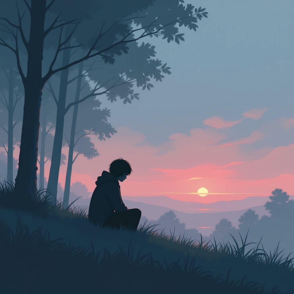 Contemplative Figure in Mist with Neon Noir Aesthetic