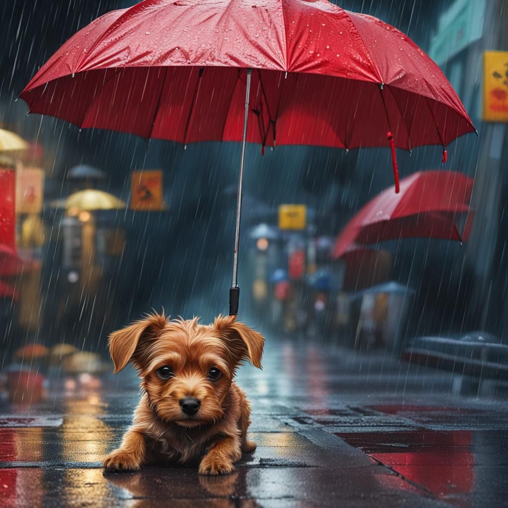 Dog Sheltering Under Umbrella: Splash Art Style