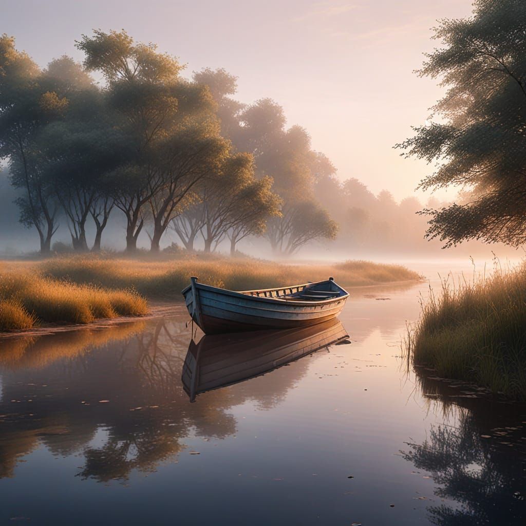 Peaceful Riverbank Scene in Soft Watercolor Style