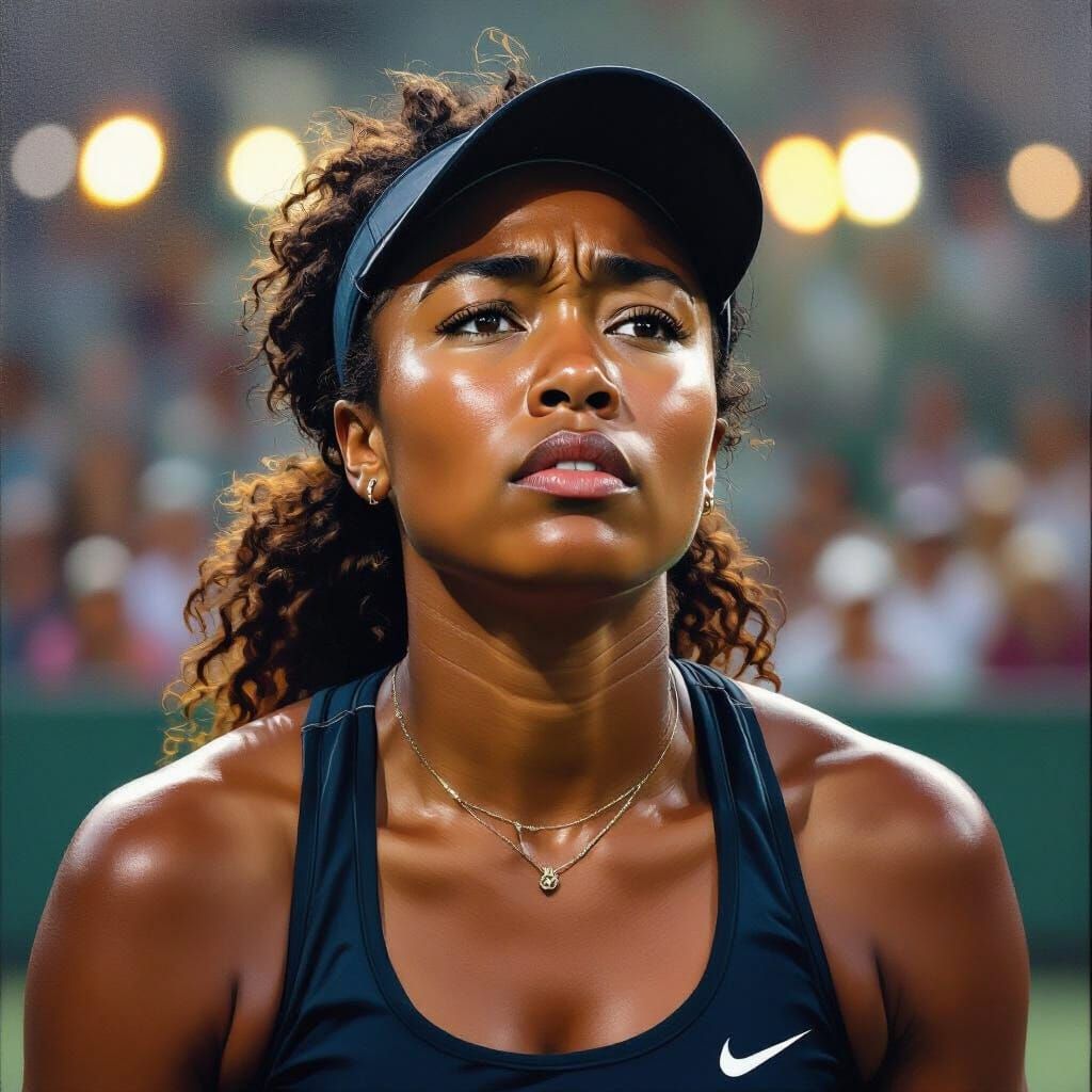 Focused Tennis Player Awaiting Serve, Hyperrealistic Oil Pai...