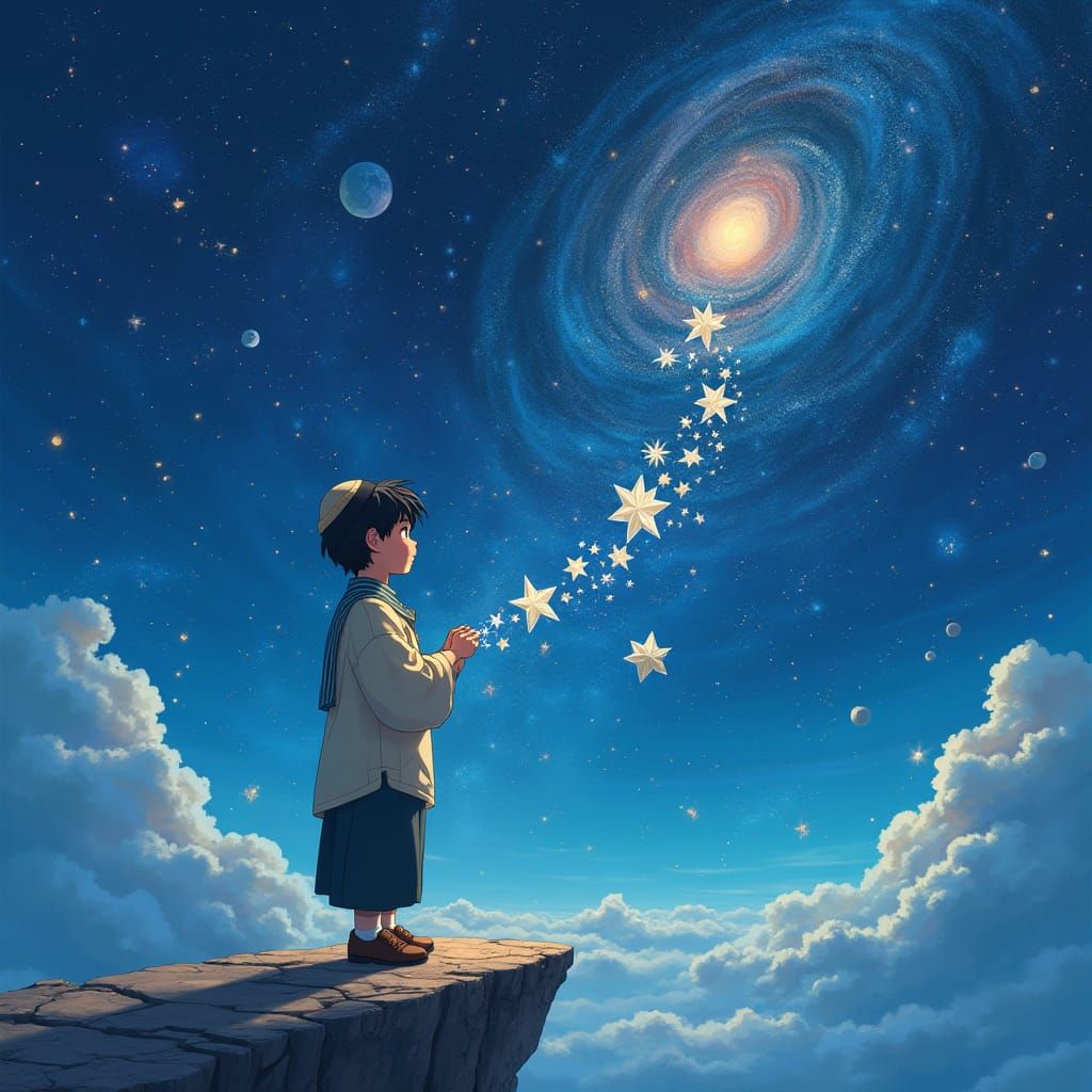 Boy Crafts Stars in Galaxy, Studio Ghibli Style