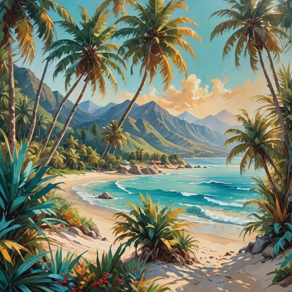 Tropical Island: Impressionist Oil Painting with Palms