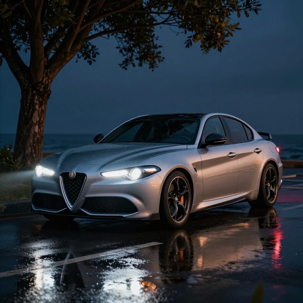 Modified Alfa Romeo Giulia at Night by the Sea