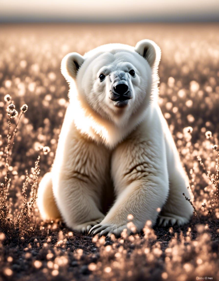 Happy Polar Bear Cub with Butterflies Microphotograph