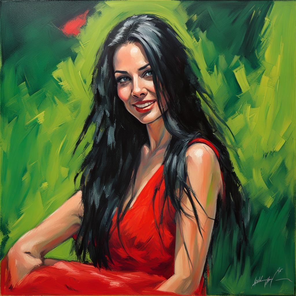 Female portrait, beautiful woman, long black hair, green eye...