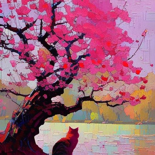 Cat Under Cherry Blossoms: An Impressionist Painting