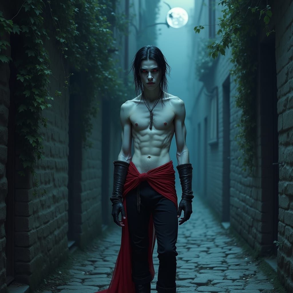 Ethereal Vampire Emerges from Shadows in Moonlit Alley