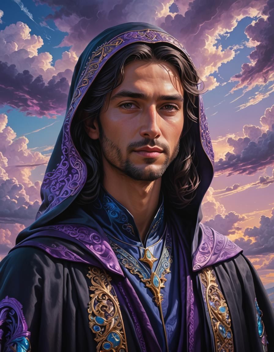 Black Robed Figure Portrait in Cloudy Sky