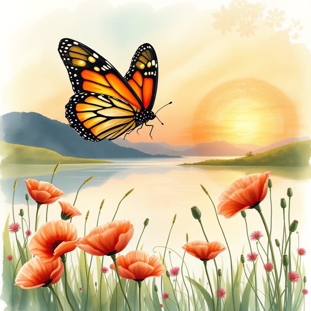 Monarch Butterfly Soaring in Dreamy Watercolor Landscape