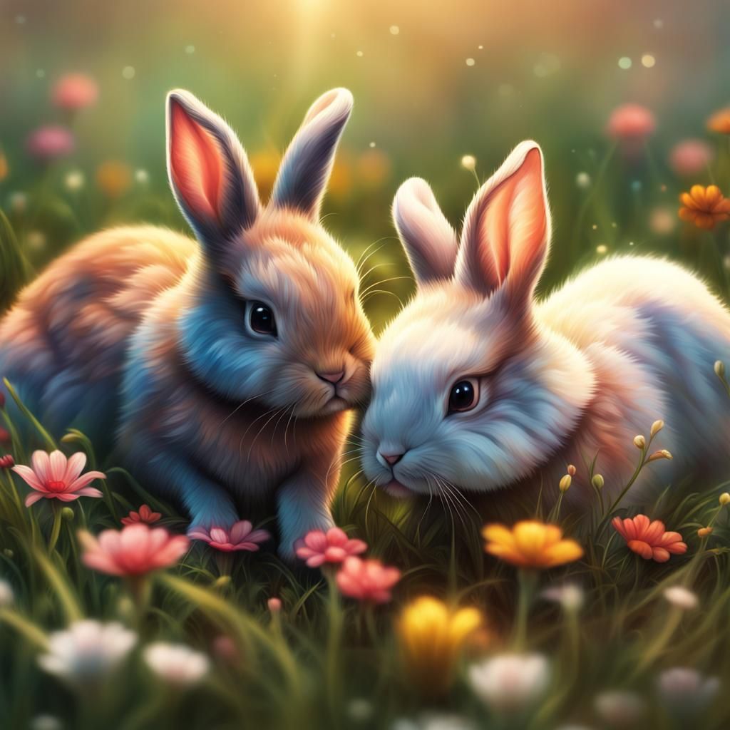 Cute Baby Bunnies in Hyperrealistic Meadow