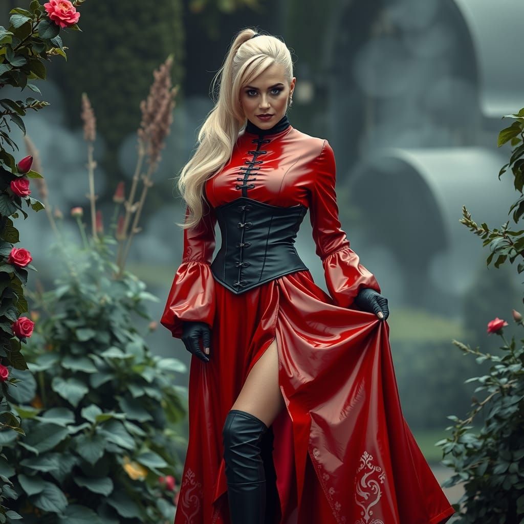 Elegant Woman in Red Dress in Gothic Garden