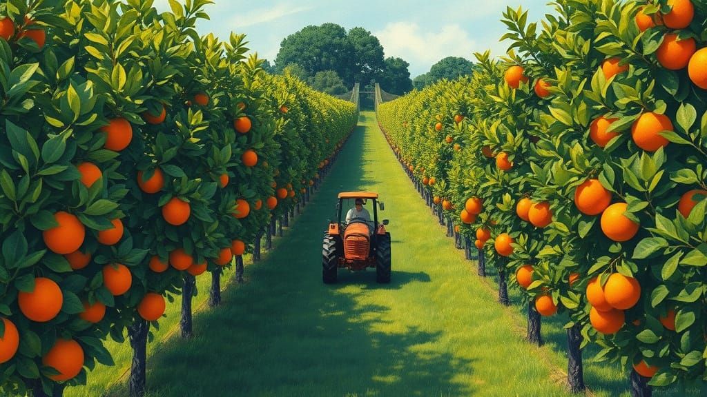 Vibrant Gouache Orchard Scene from Above