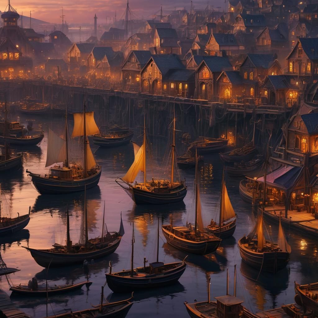 Dark Fantasy Harbor at Sunset: Digital Art