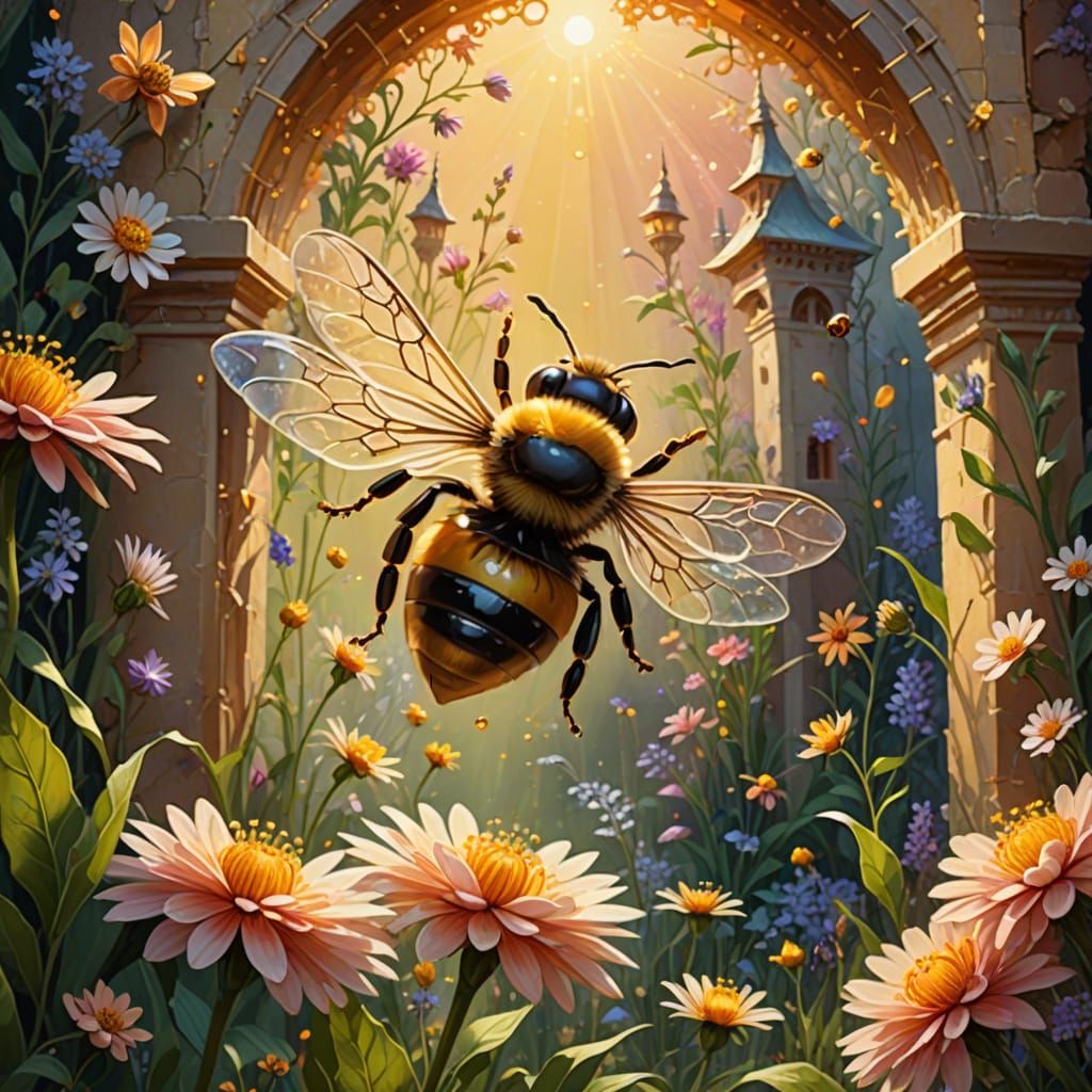 Whimsical Honey Temple in Vibrant Floral Paradise