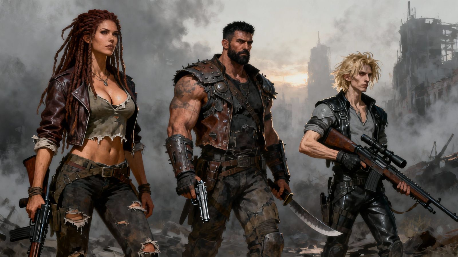 Post-Apocalyptic Adventurers in Ruined Cityscape