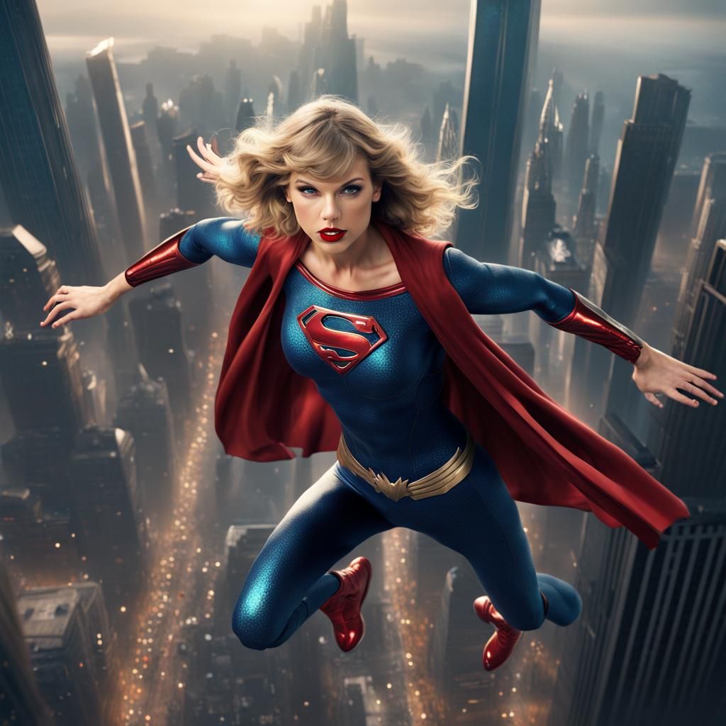 Superhero Taylor Swift Flies Over Metropolis