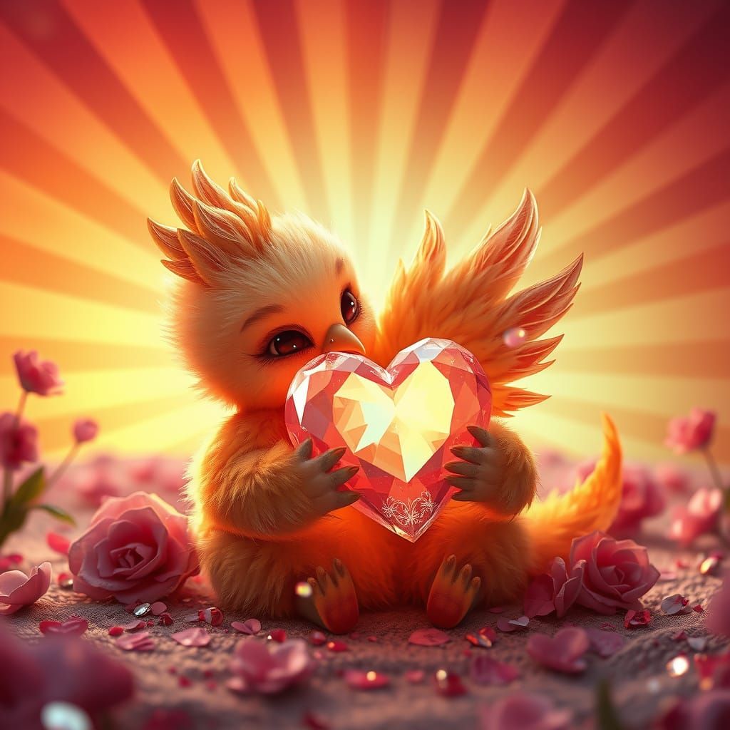 Adorable Baby Phoenix Cradles Heart on Whimsical Valentine's...